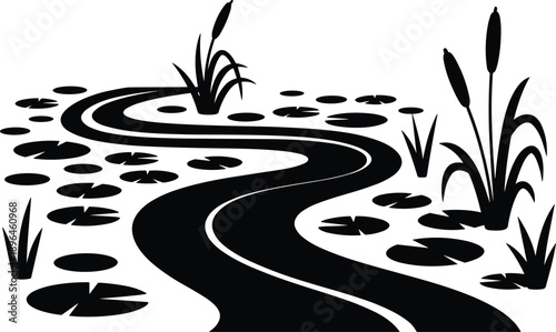 Minimalist river landscape silhouette illustration with winding stream, reeds and lily pads, black and white nature scene isolated on white