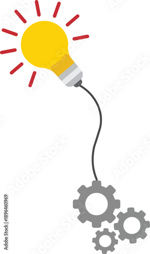 A bright yellow light bulb connected by a wire to gray gears on a black background, representing innovation, creativity, and engineering synergy in problem solving and new ideas.