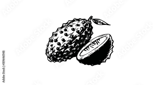 Black and white illustration of two tropical fruits whole and sliced open