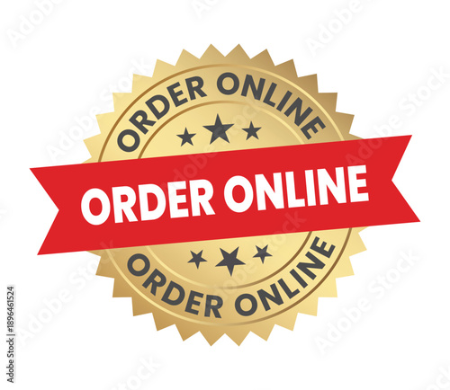 A golden badge with a red ribbon displays the text order online suggesting a digital purchasing option high quality professional detailed modern elegant stylish