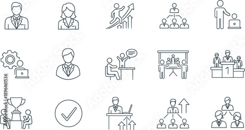 Business leadership line icons, management teamwork concepts, corporate growth symbols, professional people illustrations, outline vector set