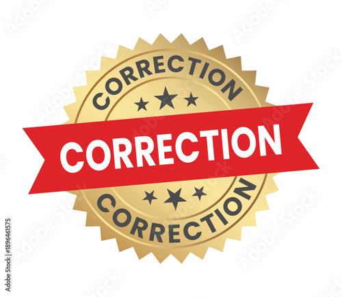 A golden circular seal displays the word correction in bold white letters accented by red banners and surrounding stars high quality professional detailed modern
