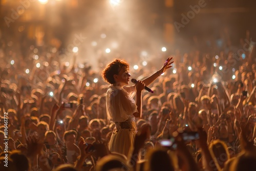 Crowd of fans mesmerized by pop singer performing on stage during an energetic concert at an outdoor venue in the evening