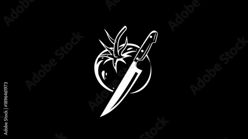 A minimalist monochrome design features a white tomato with a chef's knife, set against a black background