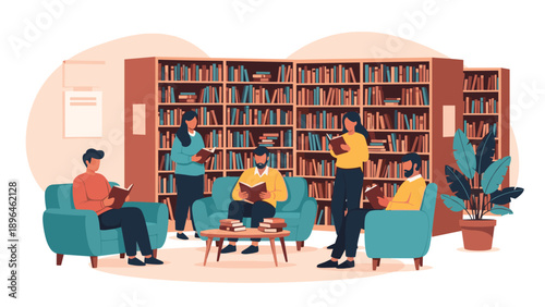 Group of diverse students and avid readers sit comfortably in a modern library lounge, surrounded by massive bookshelves filled with knowledge.