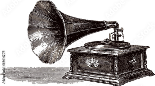 A detailed illustration of an antique horn phonograph, rendered in shades of brown and white