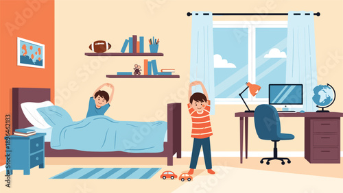 Two energetic young boys wake up and perform morning stretches in their colorful shared bedroom, starting their daily routine with healthy habits.