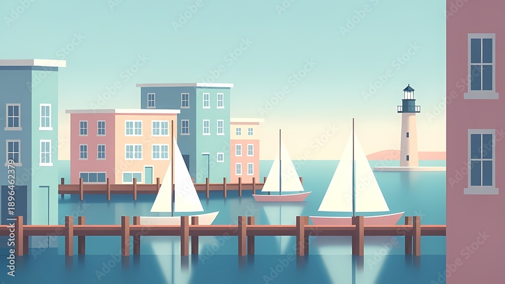 Fototapeta premium Pastel seaside harbor scene with sailboats and lighthouse in flat vector illustration, sunny tranquil mood