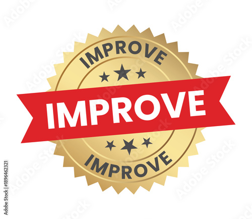 A golden badge with a red banner prominently displays the word improve suggesting enhancement progress and quality assurance high quality professional detailed modern elegant