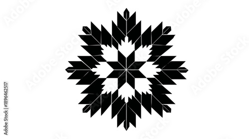 A symmetrical black and white starburst design of geometric shapes, resembling a snowflake