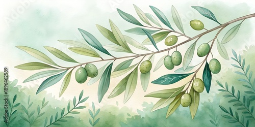 Olive branches with leaves, soft watercolor texture, Mediterranean botanical illustration