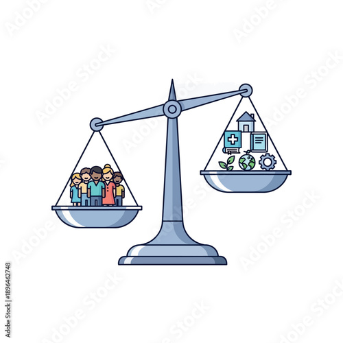 People on one side balance against healthcare and environmental icons on the other.