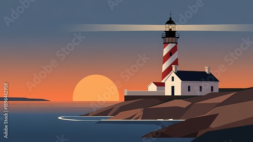 Vector illustration of a lighthouse on a rocky coast at sunset, with calm sea and warm cinematic colors