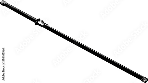 A black and white illustration of a Japanese sword, angled on a white background