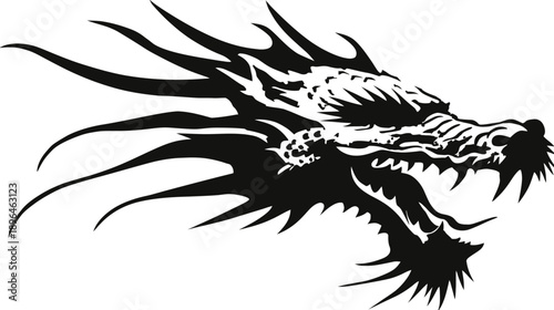 A black and white stylized illustration of a dragon's head, facing right, with sharp details