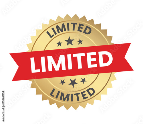 A golden badge with a red ribbon displays the word limited repeatedly signifying exclusivity and a restricted quantity high quality professional detailed modern elegant