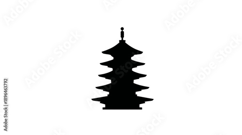 Silhouetted illustration of a multi-tiered structure, possibly a pagoda, against a white background