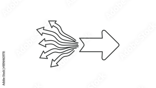 Animated line art showing multiple wavy arrows merging into a single, straight arrow, symbolizing the process of consolidation and focus.