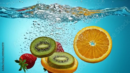 Fresh fruit splashing in water against a vibrant background for healthy eating