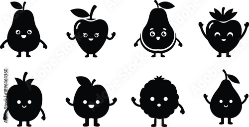 Cute fruit character silhouette icon set for kids food mascots stickers logos apps and playful design