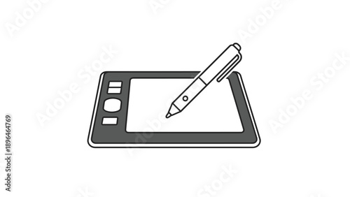 Animated line art of a graphics tablet and pen, representing digital art, design, illustration, and creative work in a modern office.
