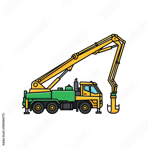 Crane truck with extended yellow arm lifting heavy load, illustration, side view, industrial setting, heavy machinery