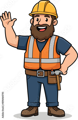 Cartoon construction worker with beard and hard hat waving hand