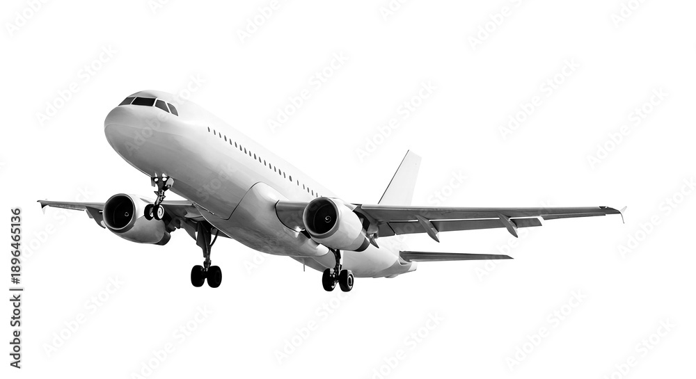 Fototapeta premium Commercial Airplane Taking Off Side View, White Passenger Jet Aircraft Flying in the Air, Aviation Transport and Aerospace Industry, Isolated on a Transparent Background.