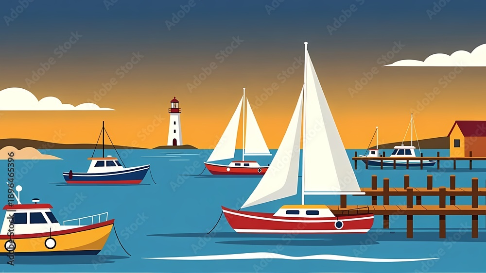 Naklejka premium Harbor scene with sailboats, lighthouse and pier at sunset in a colorful vector illustration