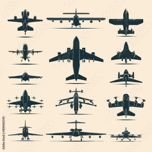 Created on Airplane icons. Aircraft silhouettes flying jet, motor plane and drone military and commercial aviation pictogram. Aeroplane top view, air vehicles vector set