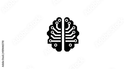 A stylized black and white illustration of a brain formed by circuits, set against a white background