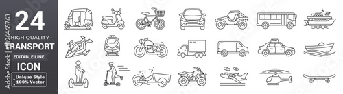 Transport line icons including editable outline car, bike, plane, train, bicycle, motorbike, bus and scooter  and more collection. Vector illustration