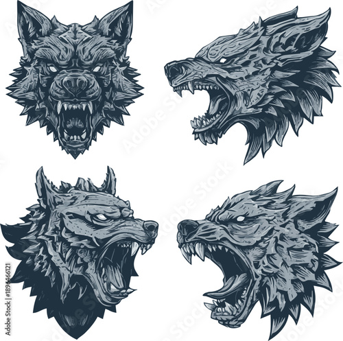 Wolf tribal tattoo. Angry wolf heads illustration, fierce wild animal vector art, growling wolves, black and gray tattoo style design, predator artwork art of white background