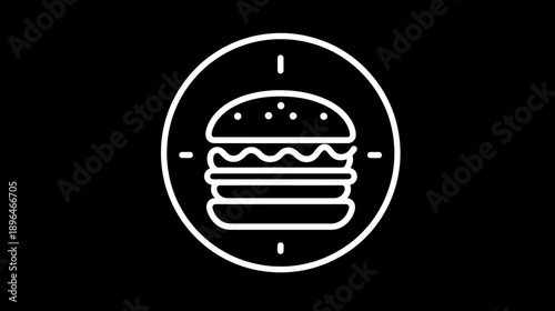 A white line icon illustration of a layered burger inside a circle with dashes