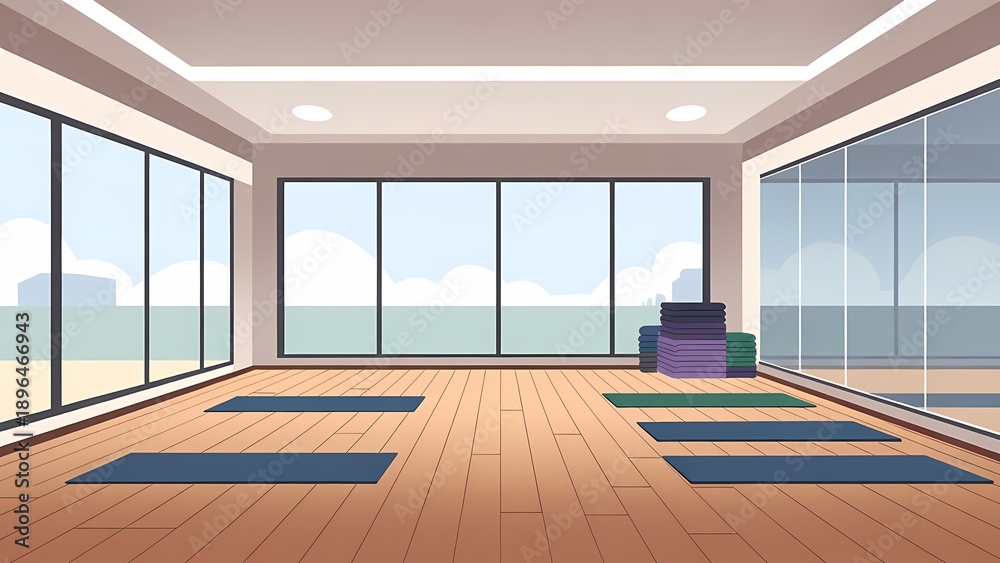 Fototapeta premium Bright yoga studio interior with large windows, wooden floor and mats - vector illustration of a serene fitness space