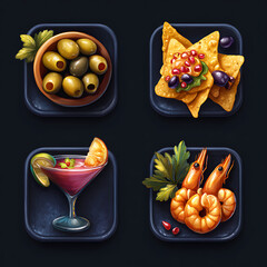 Set of appetizer icons including olives, nachos, bruschetta, and shrimp cocktail .