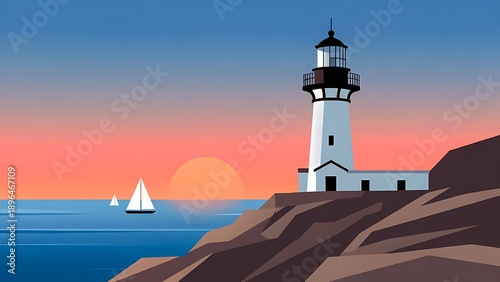 Wallpaper Mural Lighthouse on rocky coast at sunset with sailboats in a serene vector illustration Torontodigital.ca