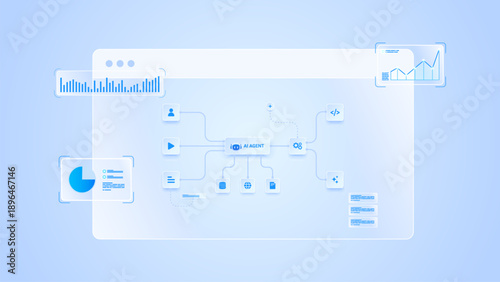 AI workflow automation artificial intelligence. ai agent workflow diagram processing nodes, data analytic, and system integration.