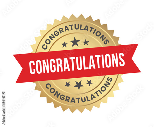 Congratulations Golden Badge, Free Event Sign, Logo, Icon, Sticker, Label, Emblem, Stamp, Symbol, Red, Line, Flat Vector, Isolated Illustration