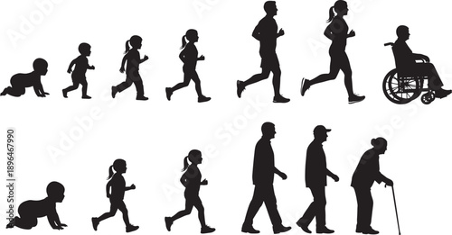 Set of Human Life Cycle Silhouettes Showing Aging Stages From Baby Crawling and Children Running to Adults Jogging and Elderly People with Wheelchair or Cane