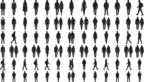arge Set of People Silhouettes Walking Alone and in Couples in Various Outfits for Urban Life Street Scene and Social Interaction Design Isolated on White