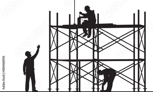 Black and white silhouette of a diverse construction team working on metal scaffolding structure for building maintenance, industrial labor, and site safety management concepts.