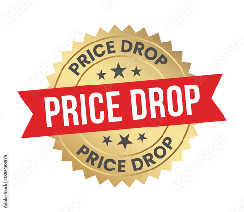 A vibrant golden badge announces a price drop with a bold red ribbon featuring stars and repeating text high quality professional detailed modern elegant