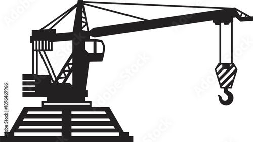 Black Silhouette of a Large Industrial Crane with Hook for Port Logistics Construction Site and Heavy Lifting Operations Isolated on White Background Vector Art