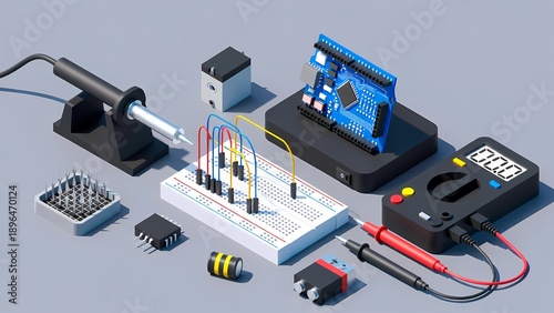 3D render of an electronics lab scene featuring a breadboard circuit, a microcontroller development board, jumper wires, resistors and a digital multimeter in an educational setup