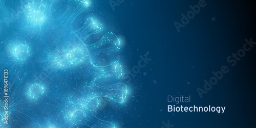 Abstract blue Virus Cell Cyber Technology illustration. Pathogen digital biotechnology futuristic concept. Biology innovative research backdrop.