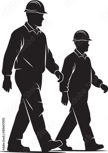 Black Silhouette of Professional Construction Workers Wearing Hard Hats and Safety Vests Walking to Work on Industrial Building Site Isolated on White Background Vector