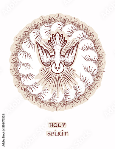 Christian holy spirit dove religious card illustration. Hand drawn black and white vector motif for Easter, church, bible study sticker. Editable pentecost acts drawing style for faith prayer time