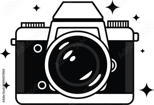 Retro camera illustration in black and white, classic photography equipment icon, minimalist flat vector design for photo studio, media and creative branding