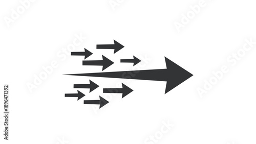 Multiple small arrows merging into a single large right pointing arrow representing unity, collective effort, goal alignment, and strong team direction.